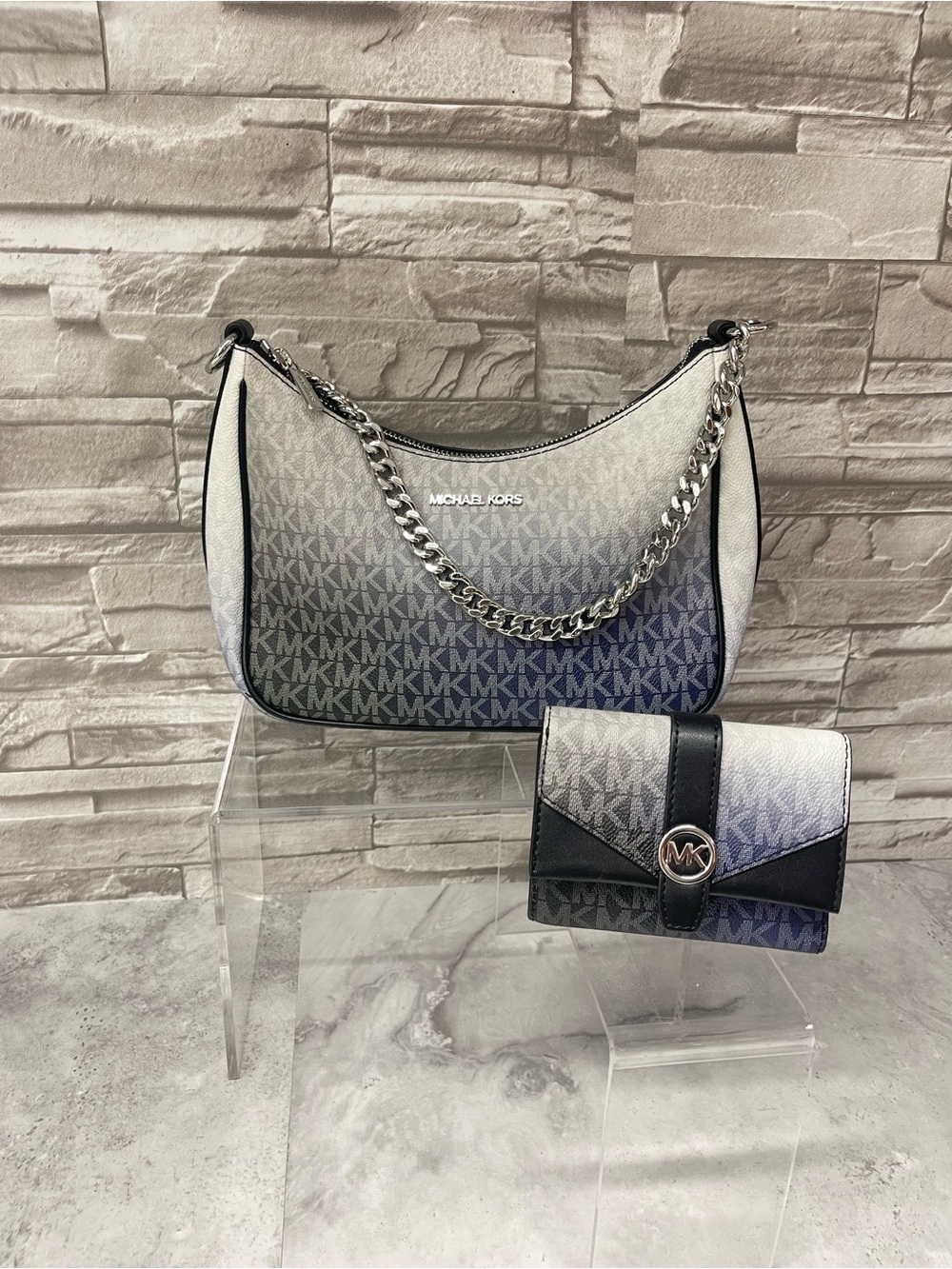 Michael Kors Gradient Black Gray Blue White Chain Pochette & Matching Wallet